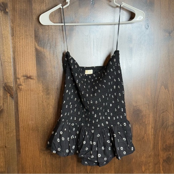 Japana Women’s Size S bandeau tube top black floral pattern peplum trim stretchy - Picture 2 of 6